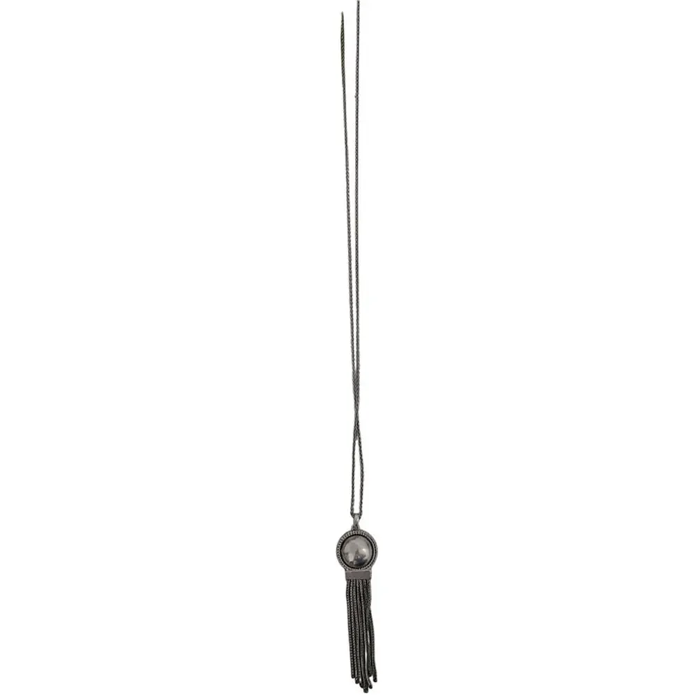 Long silver necklace with round pendant
